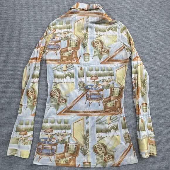 Vintage 70s Long Sleeve Collared Shirt With Retro Interior Design Print Size 7/8 - Picture 2 of 11
